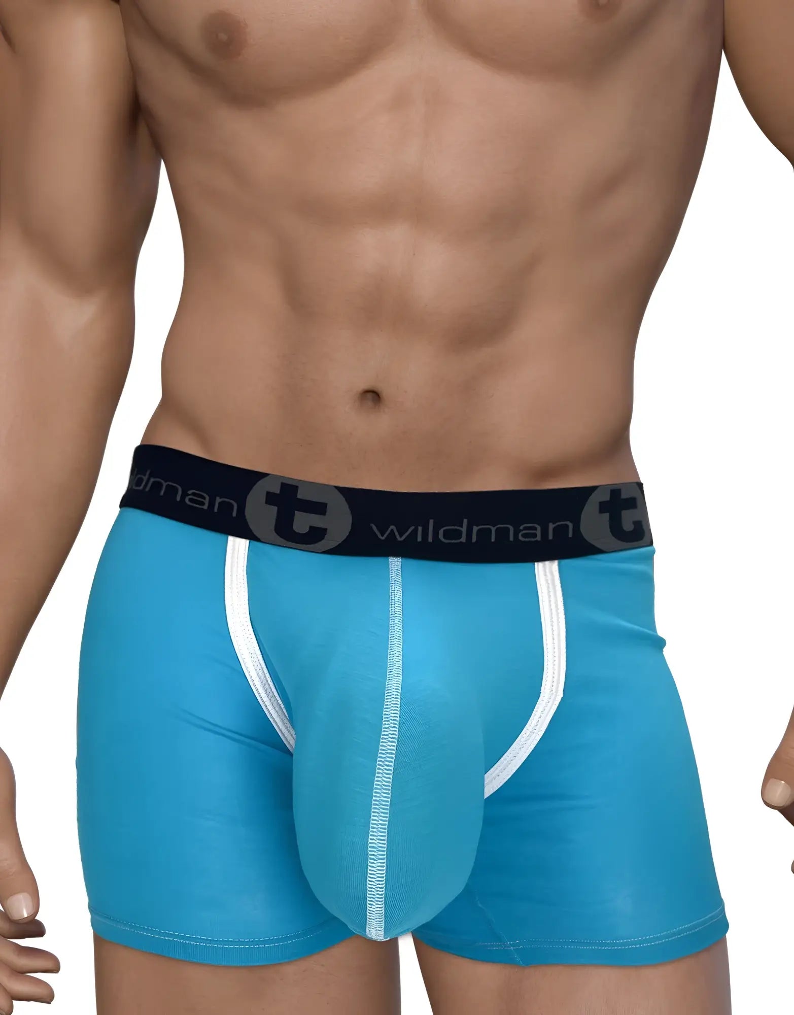 Blue wildman mens boxer briefs with white trim black waistband and logo made from modal with 5 inch inseam