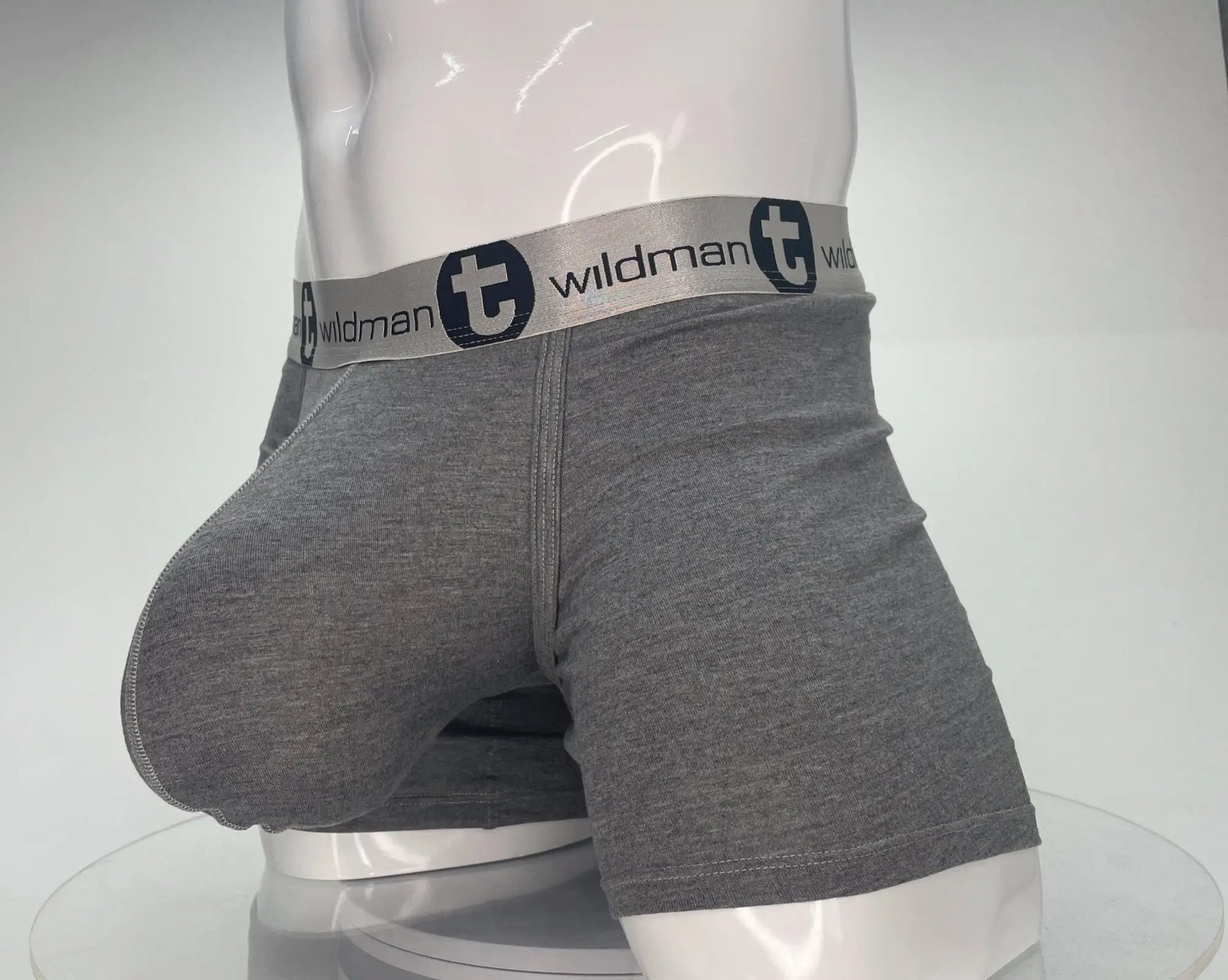 Gray heathered modal boxer briefs with 5 inch inseam and branded wildman elastic waistband with black emblem