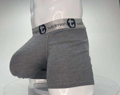 Gray heathered cotton modal boxer briefs with 5 inch inseam and wildman branded elastic waistband featuring logo and emblem