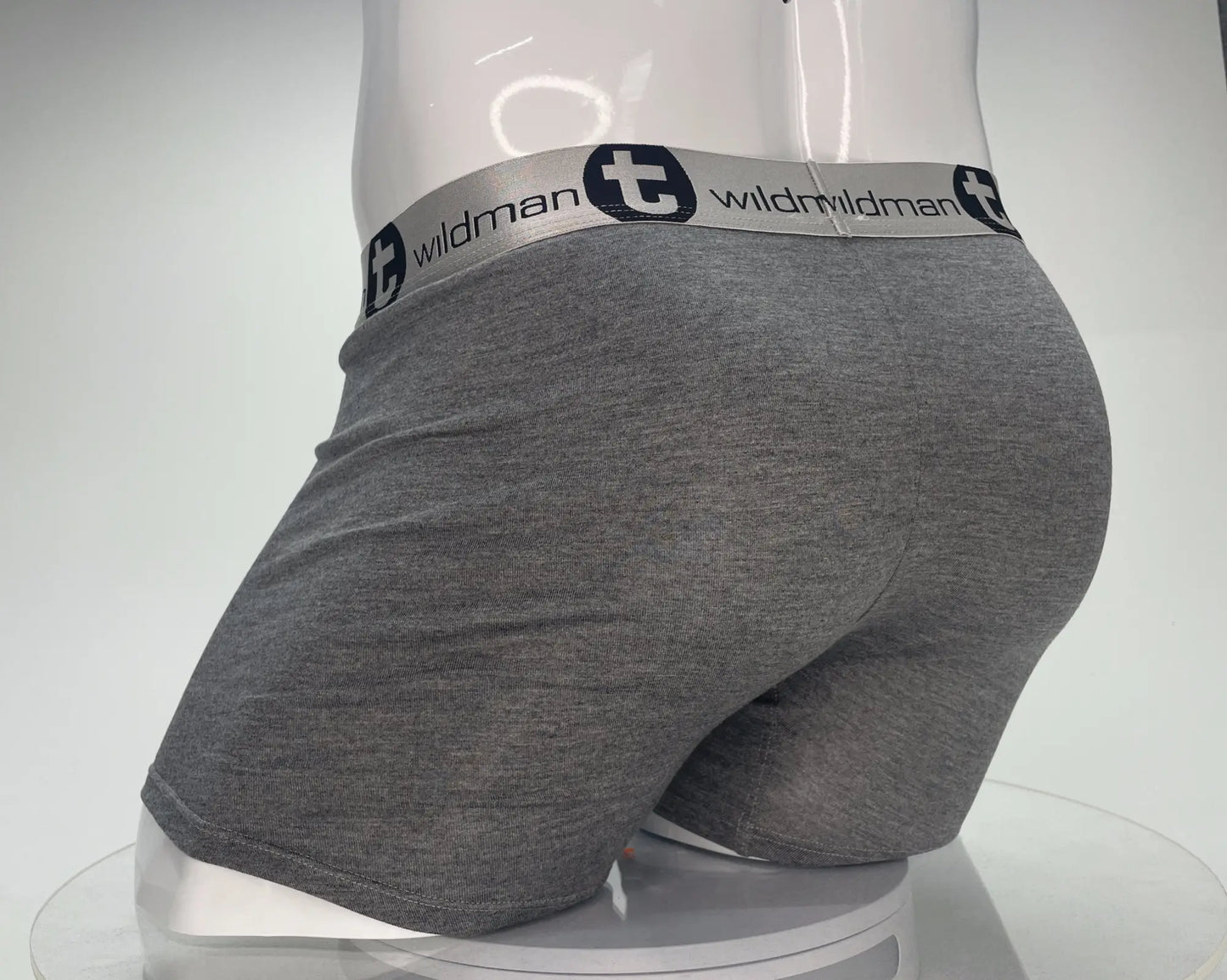 Gray heathered modal cotton boxer briefs with 5 inch inseam and wildman branded black and white elastic waistband