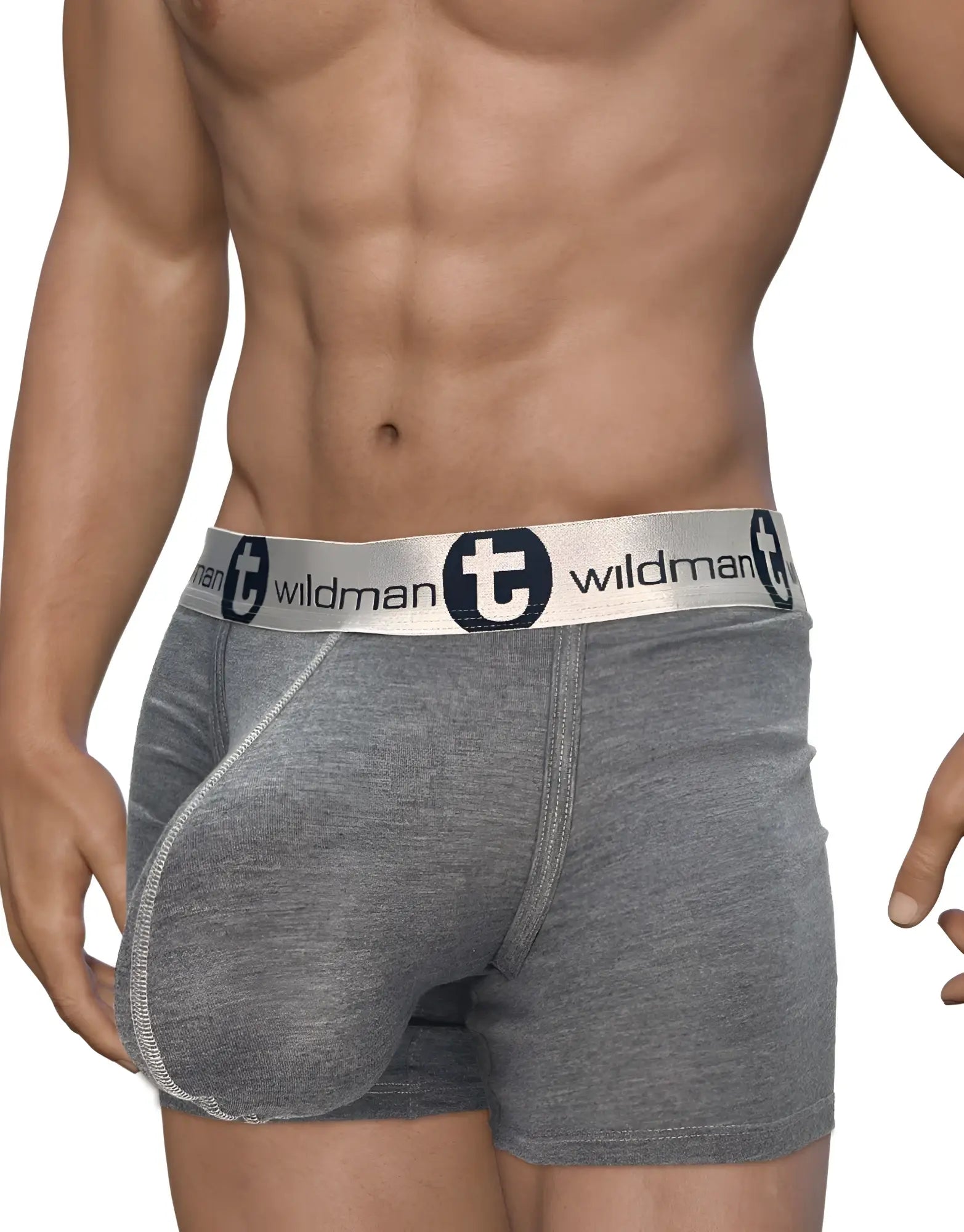 Gray heathered cotton wildmant modal monster cock boxer briefs with silver navy wildman elastic waistband