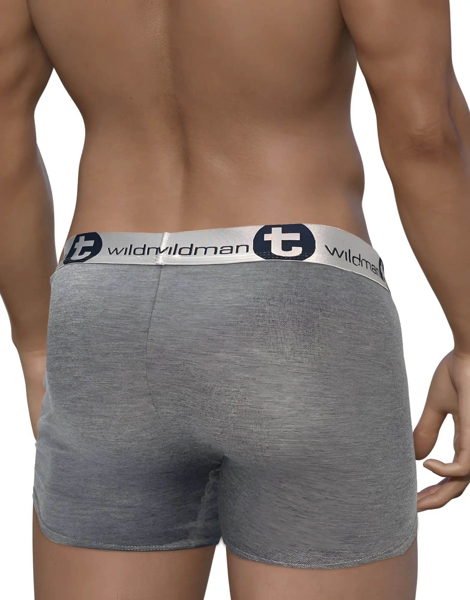 Gray heathered cotton wildmant modal monster cock 5 inch inseam boxer briefs with white waistband and navy logo