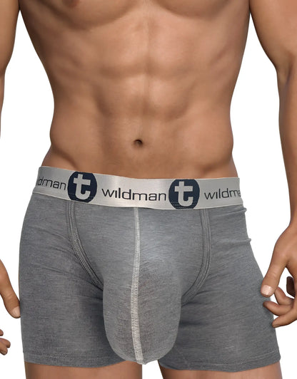 Wildmant modal monster cock boxer brief gray heathered with silver waistband featuring wildman logo and circular t emblem