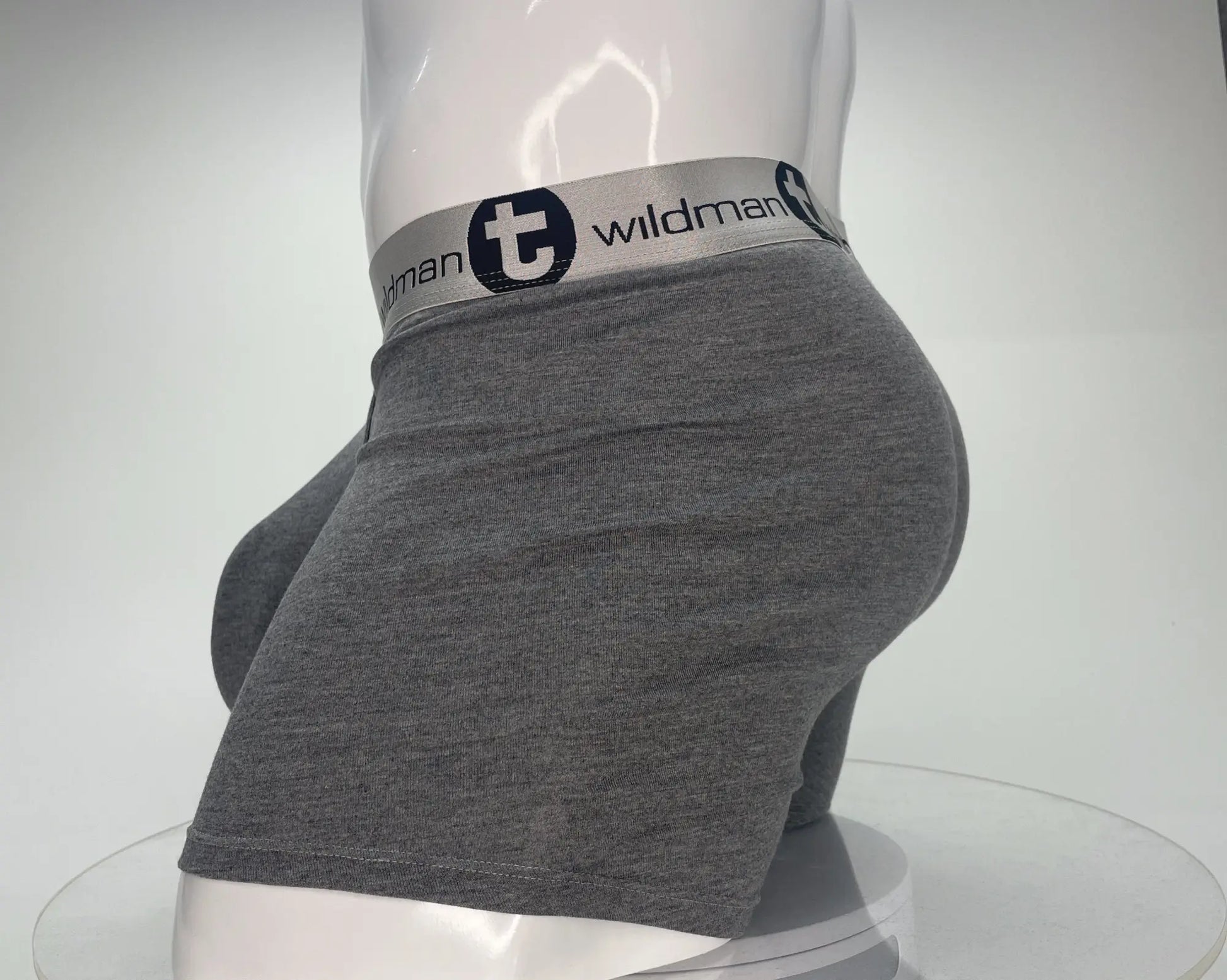 Gray heathered modal boxer briefs with 5 inch inseam and silver wildman brand waistband logo