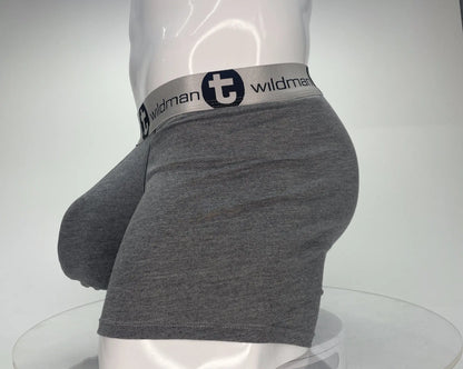 Gray heathered wildmant modal boxer briefs with silver waistband and black wildman logo lettering in 5 inch inseam