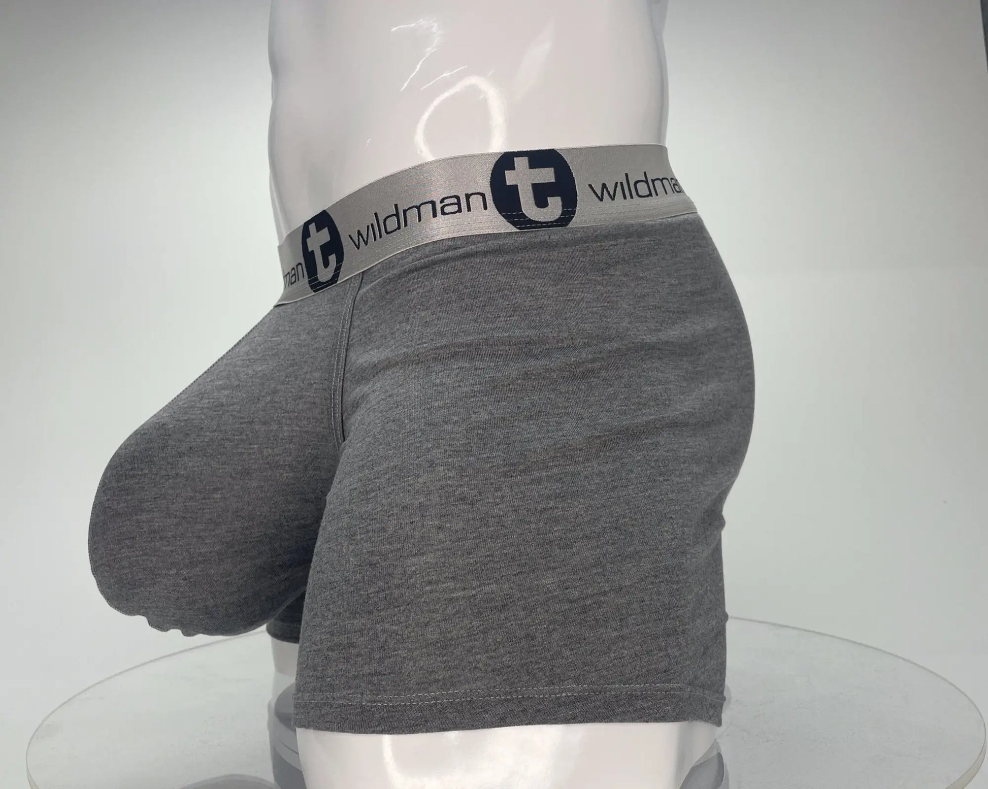 Gray heathered modal boxer briefs with a silver waistband featuring wildman logo and 5 inch inseam for comfort