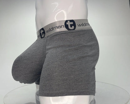 Gray heathered modal boxer briefs with a silver waistband featuring wildman logo and 5 inch inseam for comfort