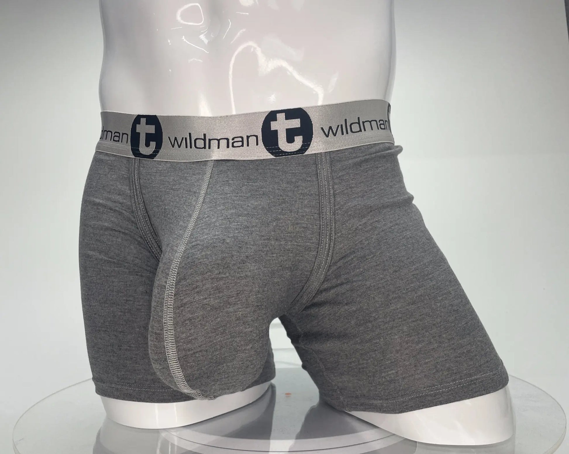 Gray heathered wildman modal boxer briefs with 5 inch inseam and white elastic waistband with black logo