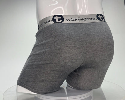 Gray heathered modal boxer briefs with white elastic waistband featuring wildman logo and black t emblem