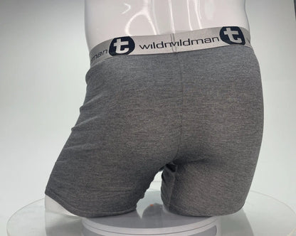 Gray heathered modal boxer briefs with 5 inch inseam and white elastic waistband featuring wildmildman logo