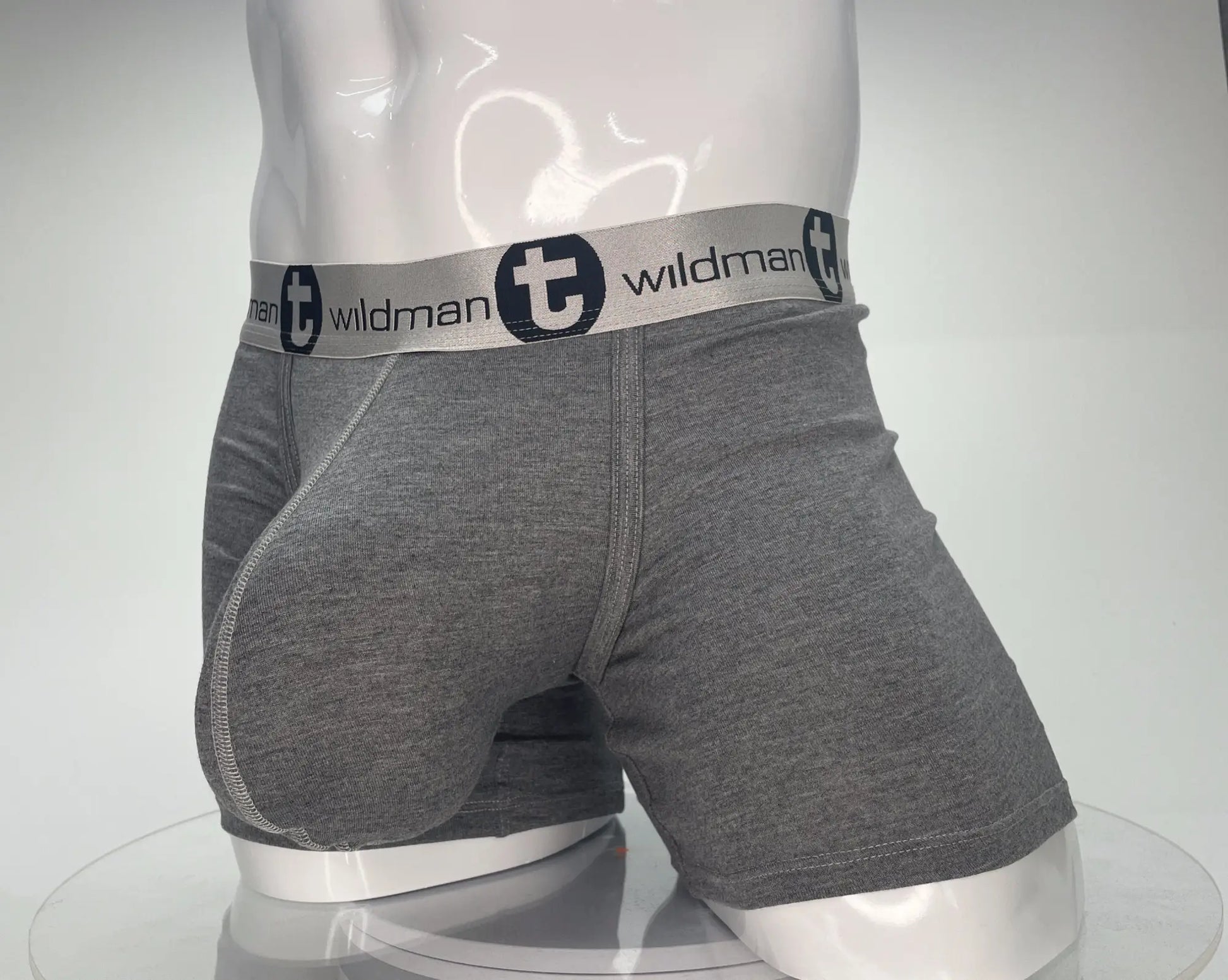 Gray heathered wildman modal boxer briefs with white elastic waistband and 5 inch inseam for comfort and support
