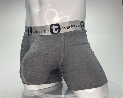Gray heathered wildman modal boxer briefs with white elastic waistband and 5 inch inseam for comfort and support
