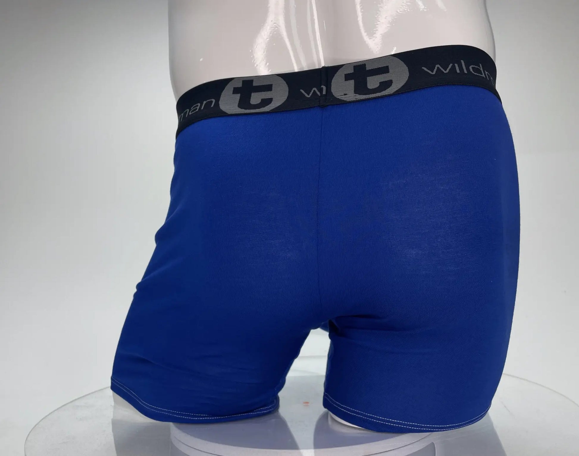 Wildmant modal monster cock royal blue boxer briefs with black waistband and gray emblem front view