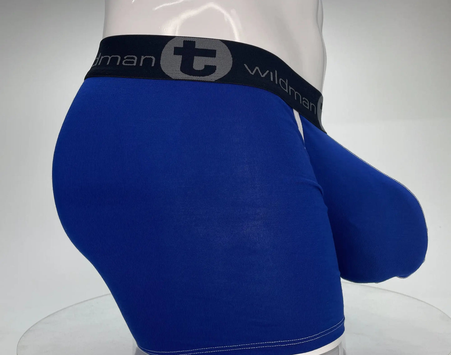 Royal blue WildmanT modal boxer briefs with 5 inch inseam and black waistband featuring Wildman logo and t emblem