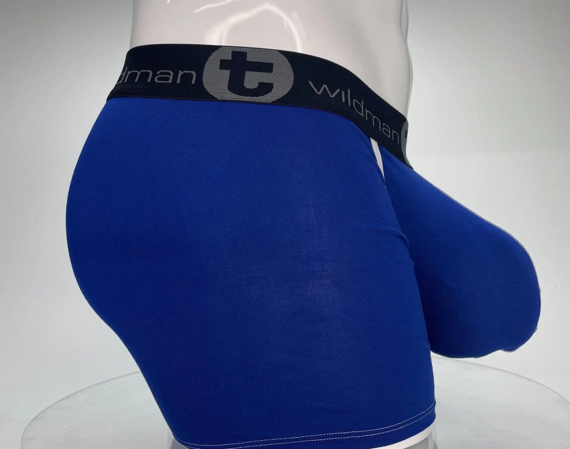 Royal blue WildmanT modal boxer briefs with 5 inch inseam and black waistband featuring Wildman logo and t emblem
