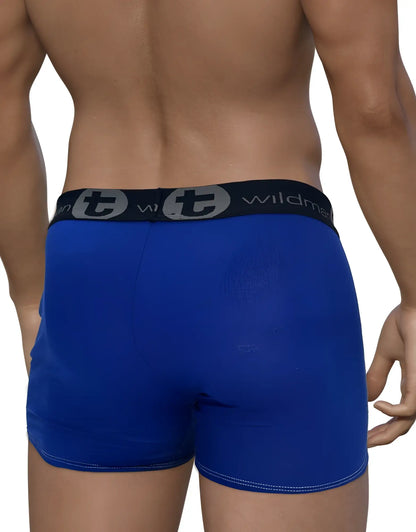 Royal blue wildmant modal boxer briefs with black waistband featuring wildmen logo and silver t emblem