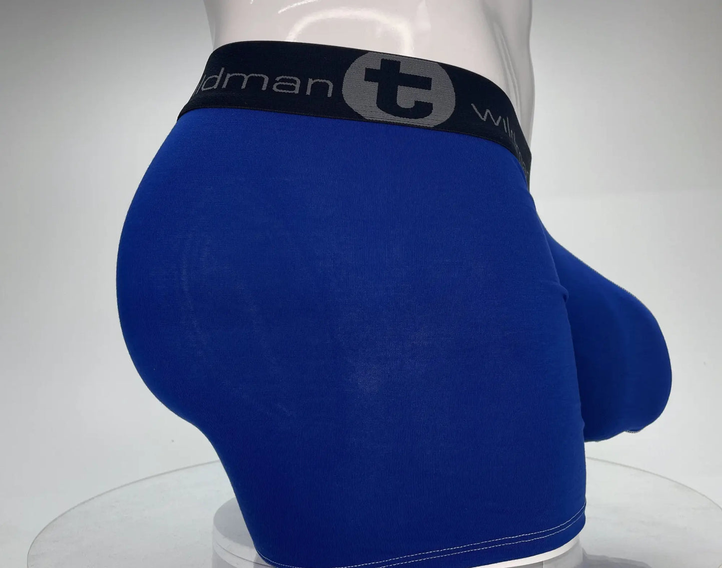Wildmant modal monster cock royal blue boxer briefs with 5 inch inseam and black waistband featuring t logo