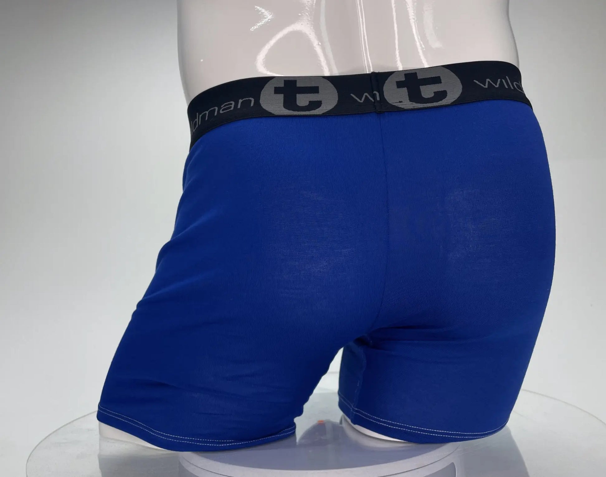 Royal blue wildmanT modal boxer briefs with 5 inch inseam black waistband and gray circular design elements
