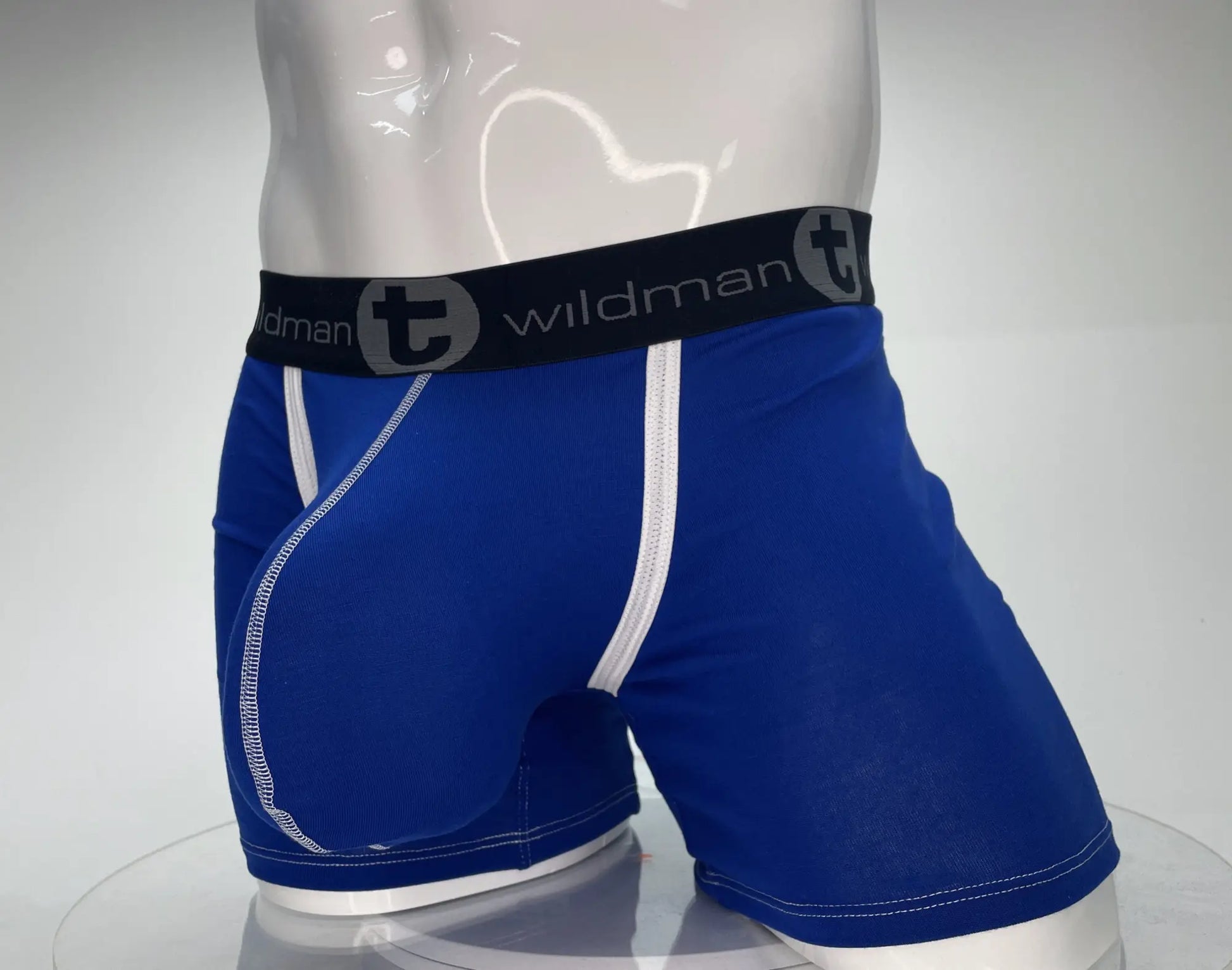 Wildmant modal monster cock royal blue boxer briefs with 5 inch inseam black waistband logo and white side stitching