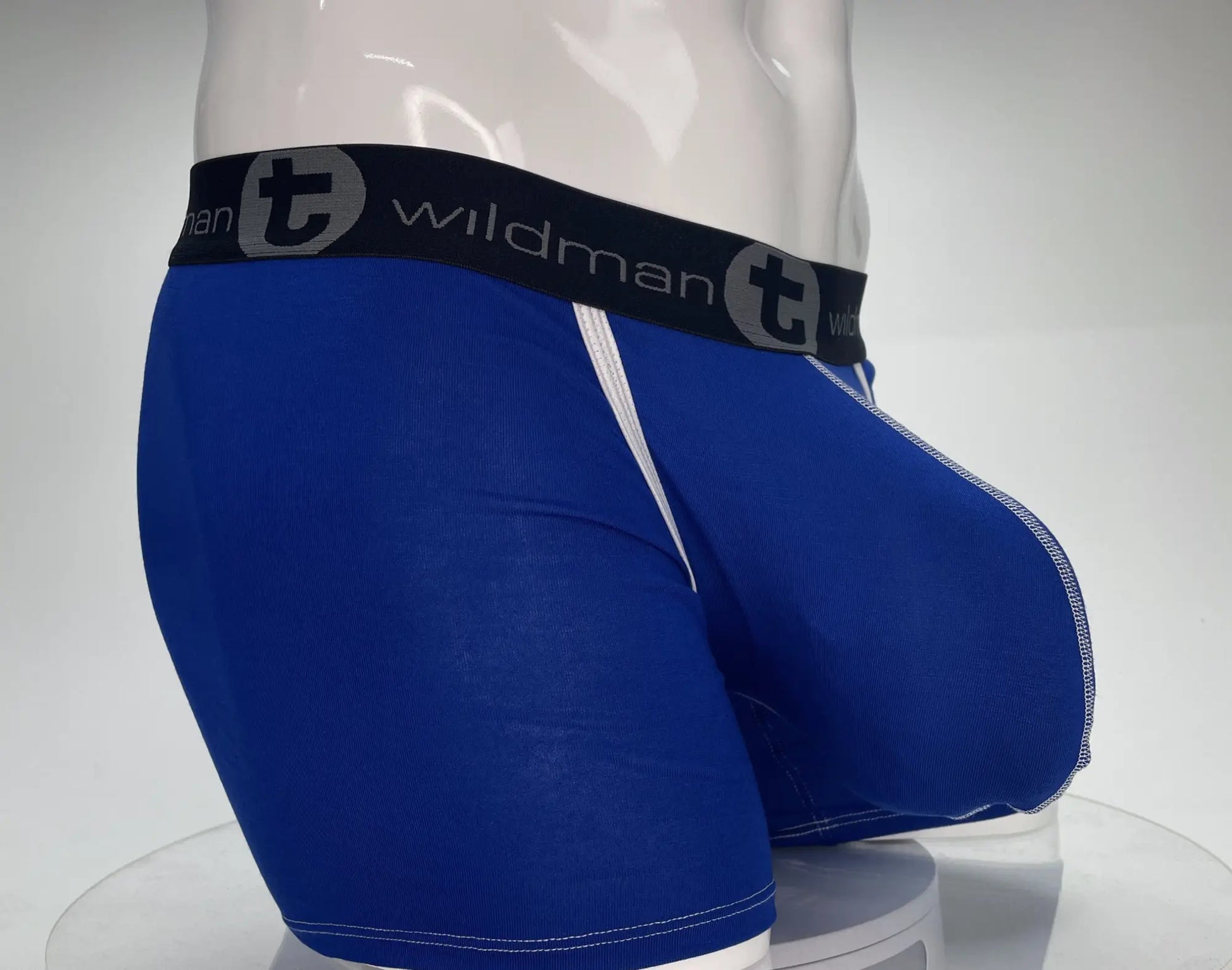 Royal blue wildmanT modal boxer briefs with 5 inch inseam black waistband logo and white side stitching