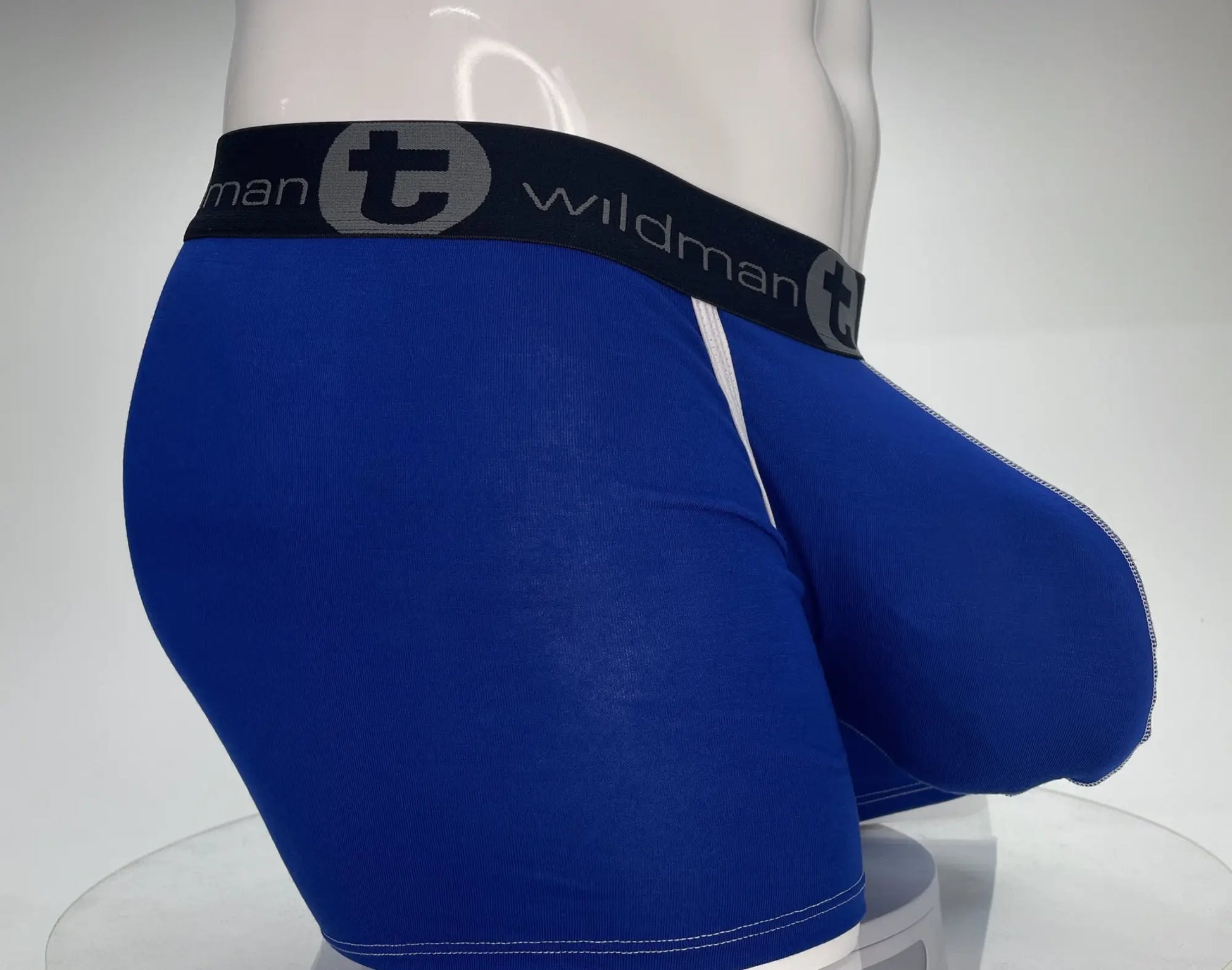 Royal blue wildman t modal boxer briefs with 5 inch inseam black waistband t logo and white stitching along seams