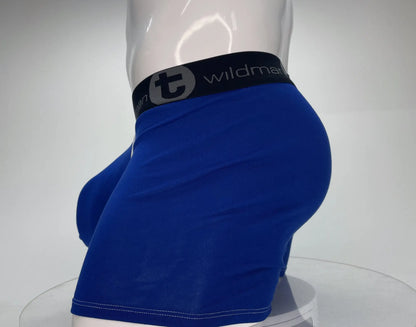 WildmanT modal boxer briefs in royal blue with black waistband featuring t logo and wildman text and 5 inch inseam