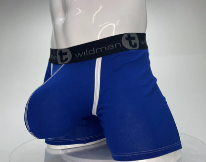 Royal blue wildmanT modal boxer briefs with 5 inch inseam black waistband t logo and white seam stitching