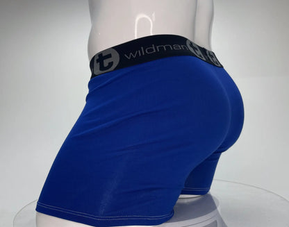 Royal blue wildman brand boxer briefs with black elastic waistband featuring t logo and brand name in white lettering