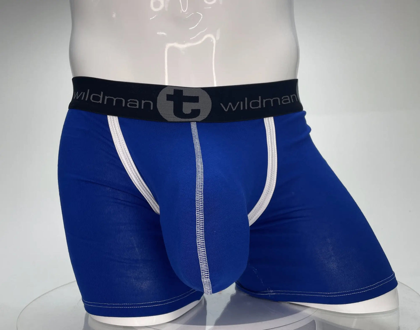 Wildmant modal monster cock royal blue boxer briefs with white trim and black wildman logo waistband