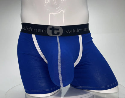Wildmant modal monster cock royal blue boxer briefs with white trim and black wildman logo waistband
