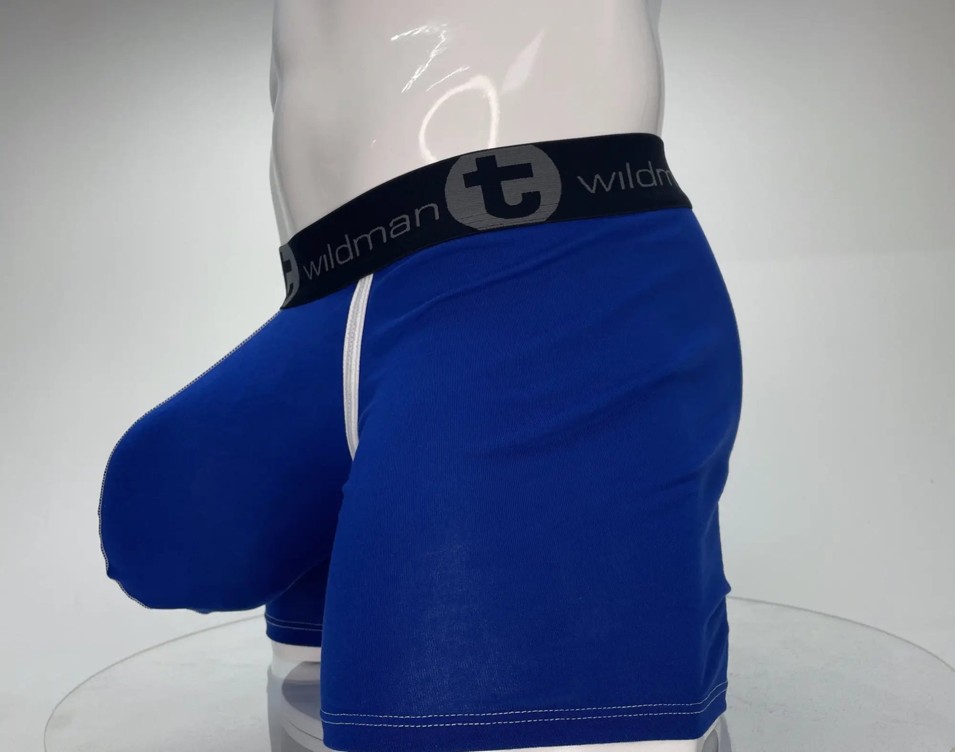 Blue wildman brand modal boxer briefs with 5 inch inseam royal blue black waistband and white leg seam stitching