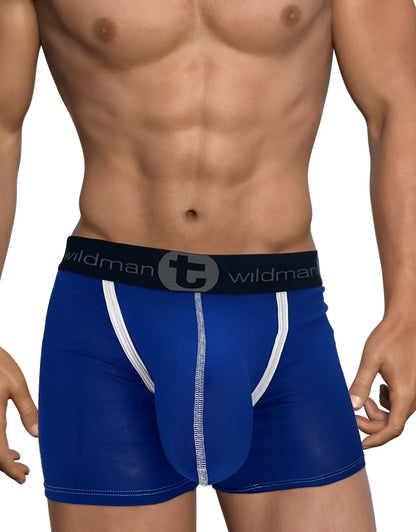 WildmanT modal monster cock royal blue men’s boxer briefs with white stitching and black waistband featuring logo