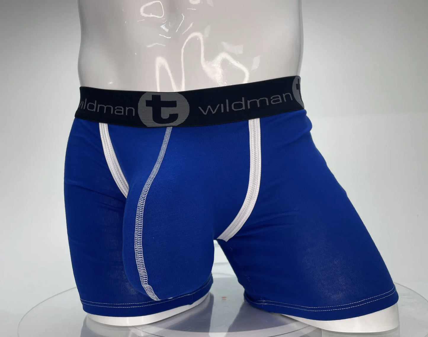 Royal blue wildman boxer briefs with white trim and a black waistband featuring the brand logo modal fabric