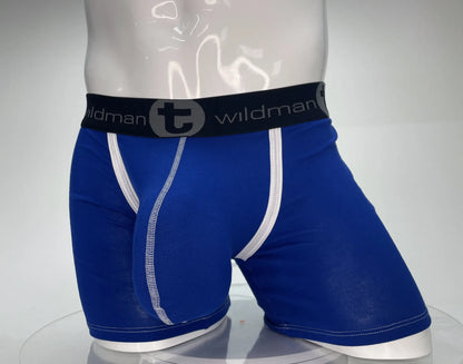 Royal blue wildman boxer briefs with white trim and a black waistband featuring the brand logo modal fabric