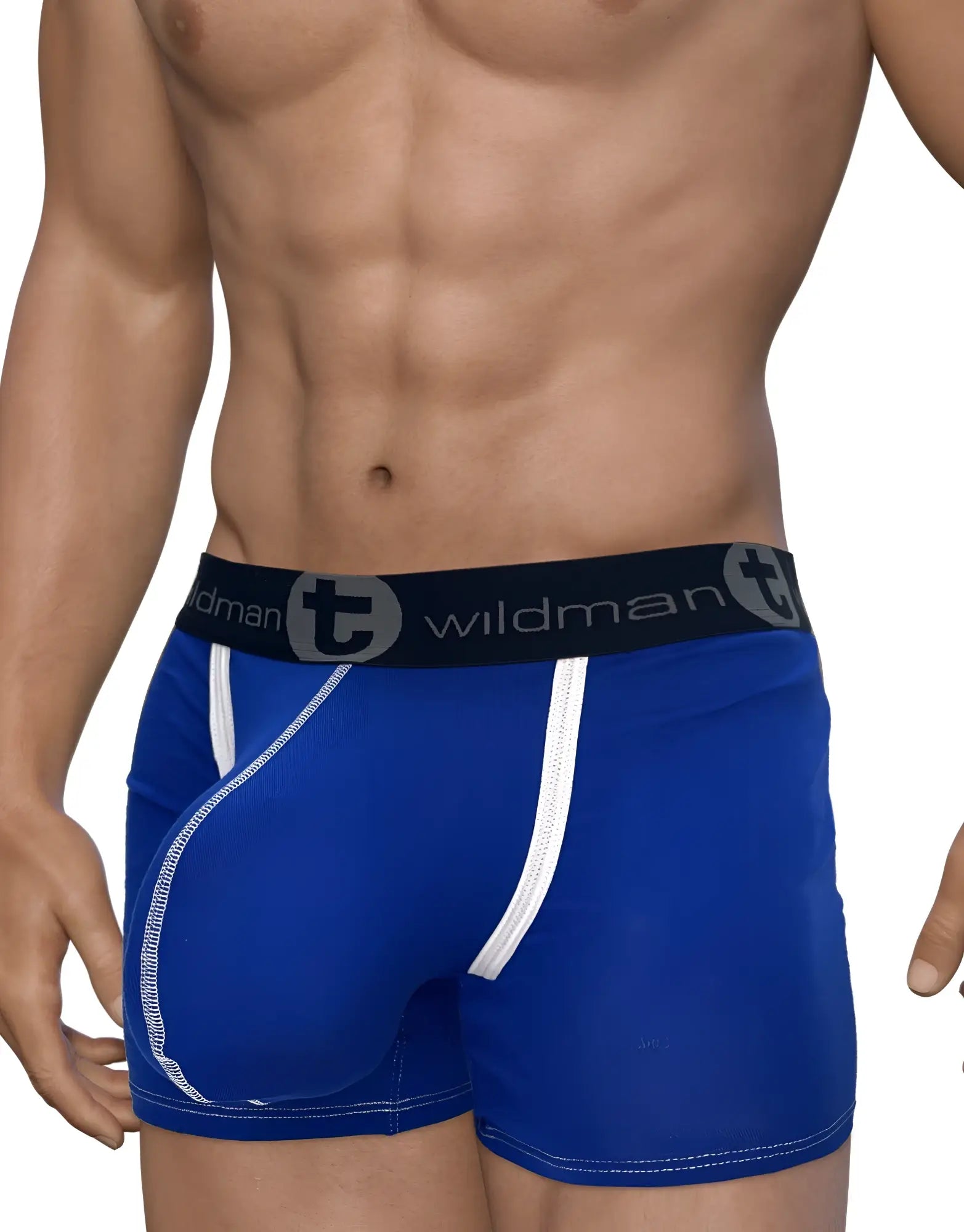 Blue wildman boxer briefs with white side panels black waistband and modal fabric featuring the wildman logo