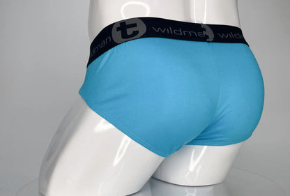 Bright blue WildmanT modal monster cock brief with black waistband and gray wildman logo in baby blue color
