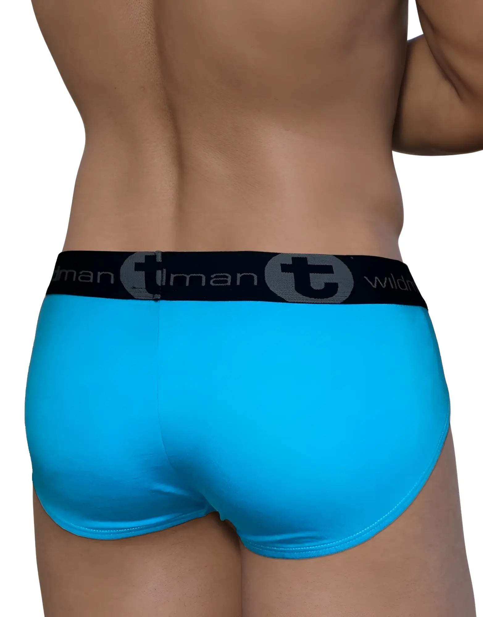 Bright turquoise wildmant modal monster cock brief with black waistband featuring tman logo and wild branding