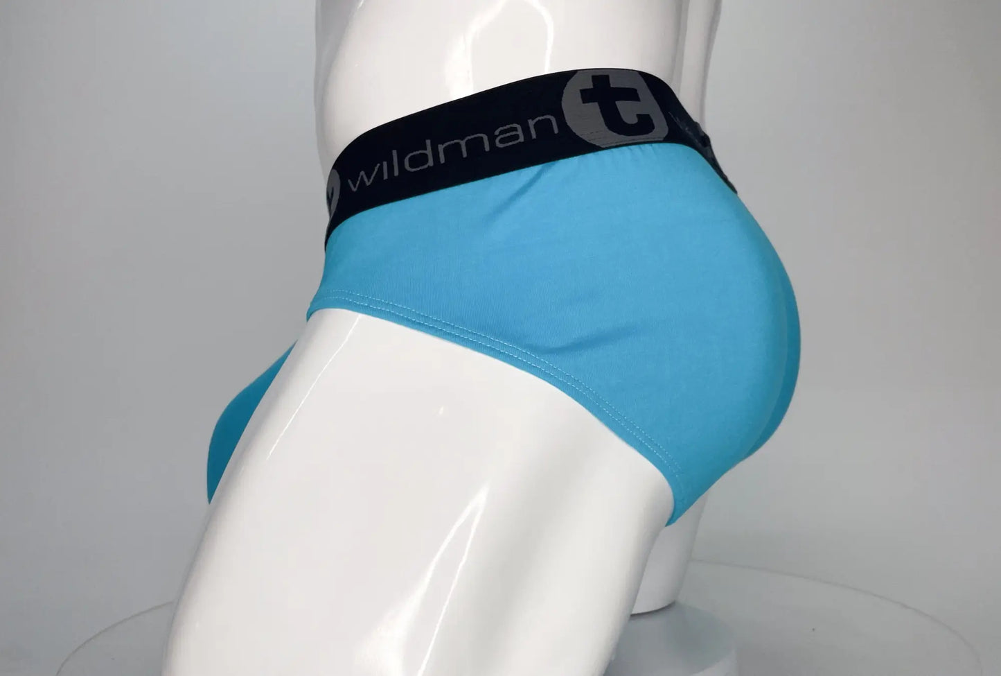 Light blue modal briefs with black waistband featuring wildman brand logo titled wildmant modal monster cock brief baby blue