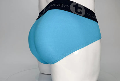 Light blue cotton modal briefs with a black elastic waistband featuring t logo and wildmant brand name