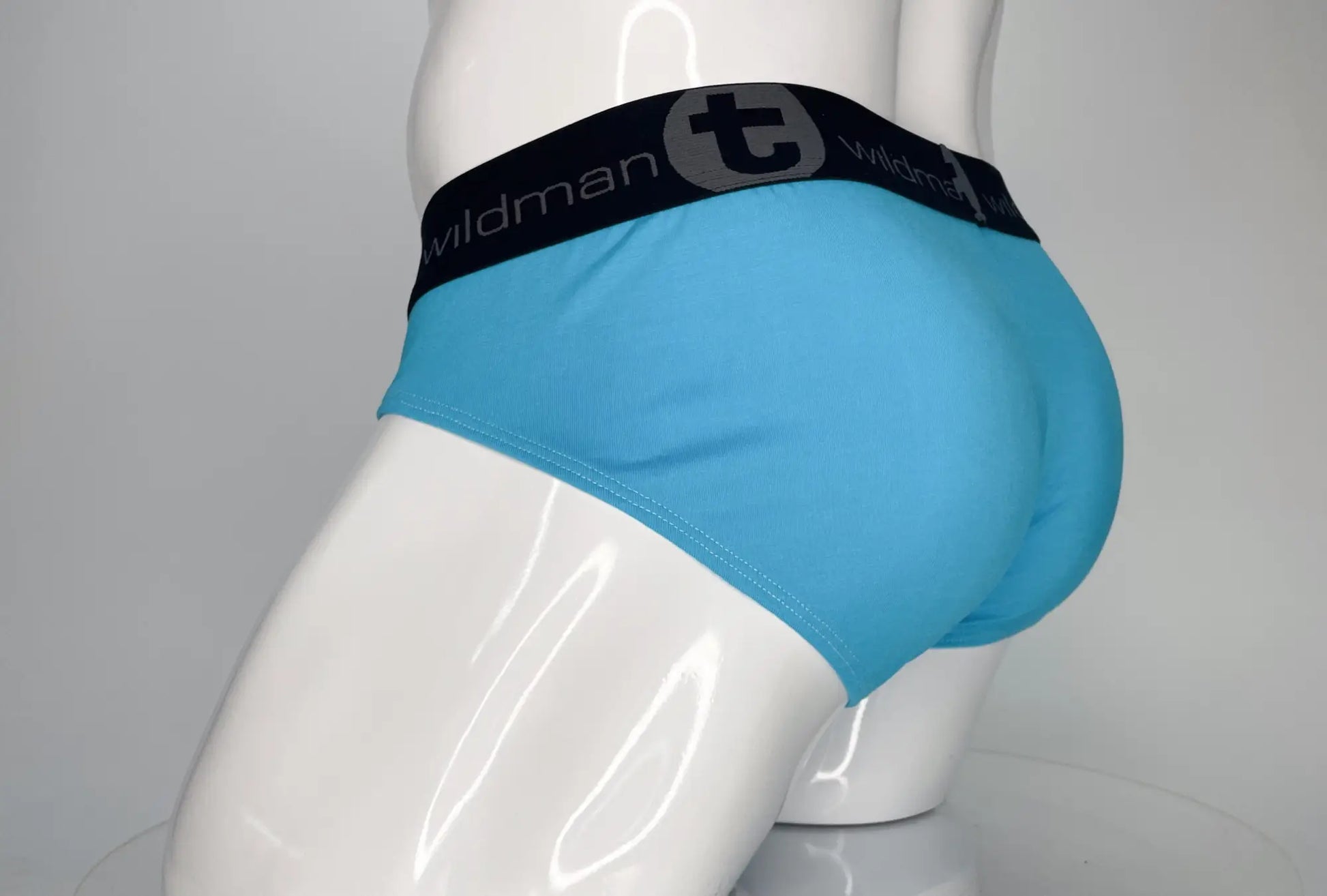 Light blue WildmanT modal monster cock brief with black elastic waistband and wildman brand logo for men