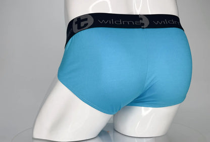 Light blue wildmant modal monster cock brief for men with black elastic waistband featuring wildman logo