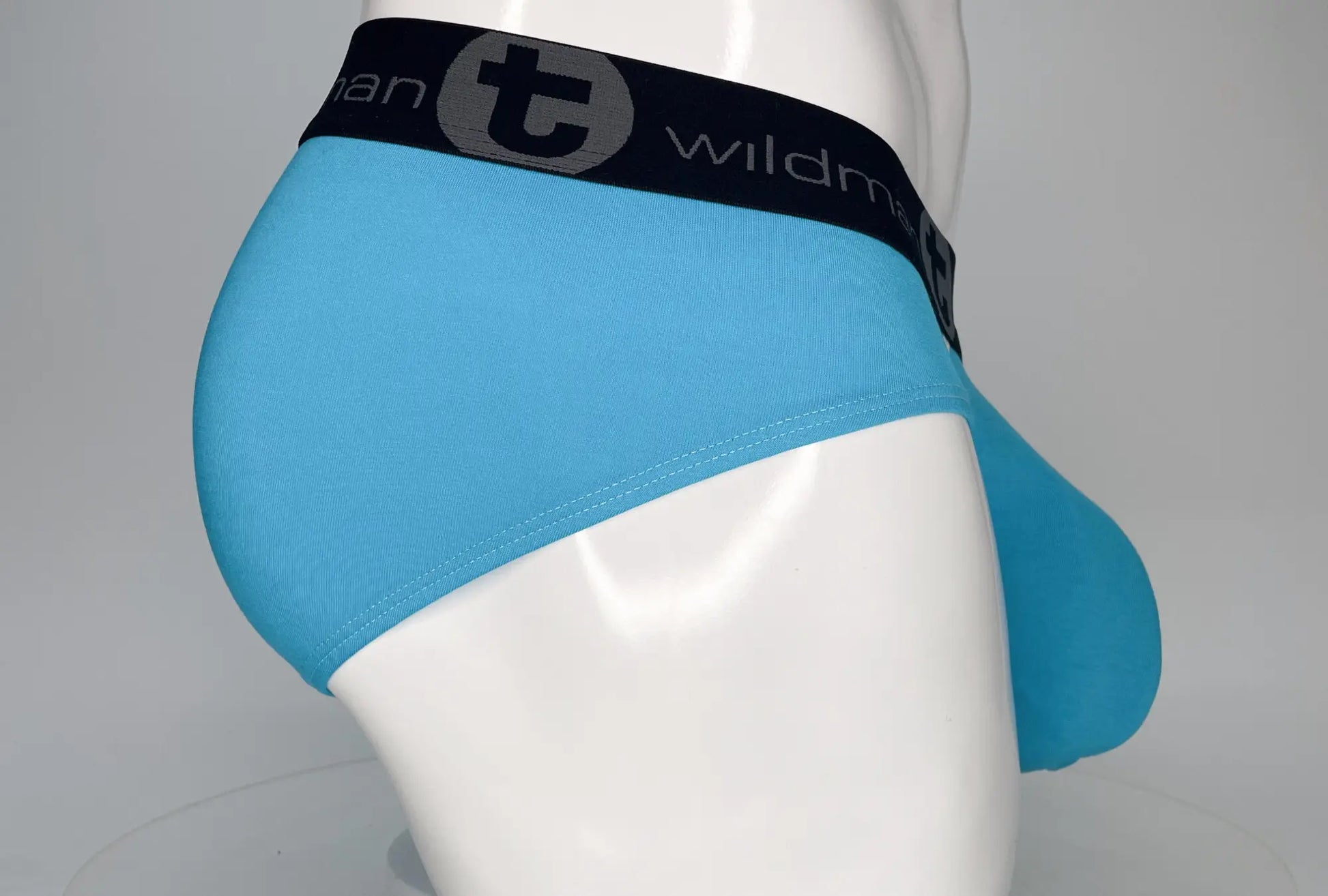 Light blue wildmant modal monster cock brief with black elastic waistband and wildman logo in front view
