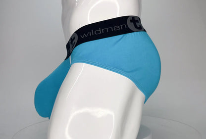 Light blue wildmanT modal monster cock brief with black elastic waistband featuring wildman brand name and logo