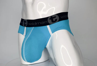 Wildmant modal monster cock brief baby blue with black waistband featuring t logo and wildman text in front view
