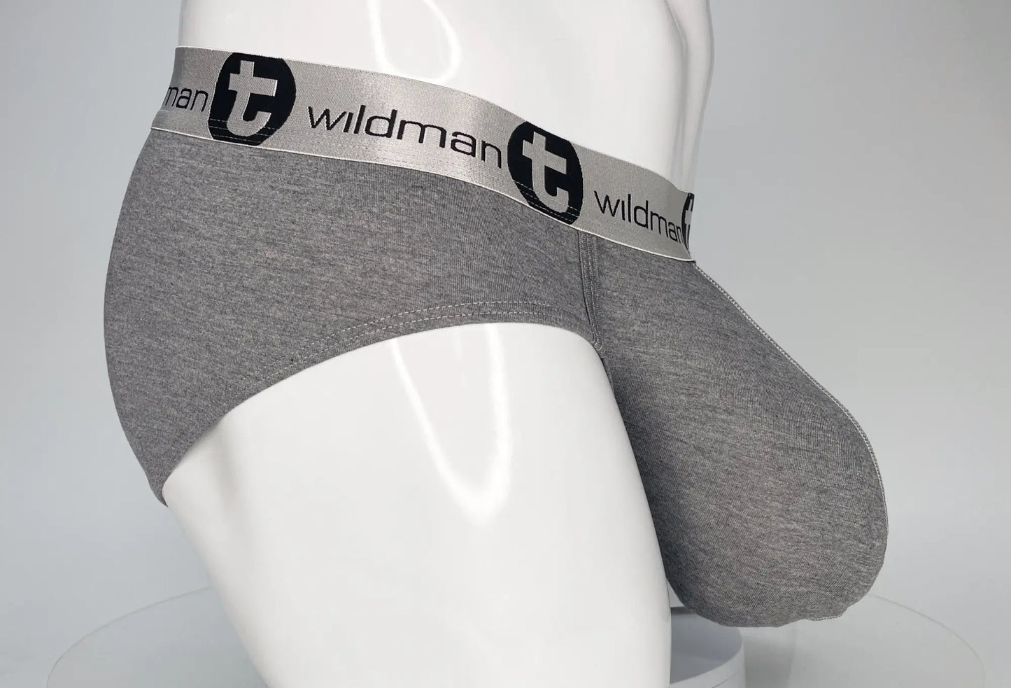 Gray heathered cotton modal briefs with silver wildman elastic waistband and black circular emblem gray modal monster cock brief