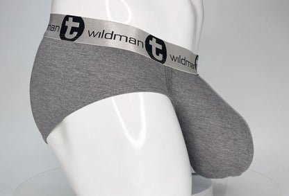 Gray heathered cotton modal briefs with silver wildman elastic waistband and black circular emblem gray modal monster cock brief