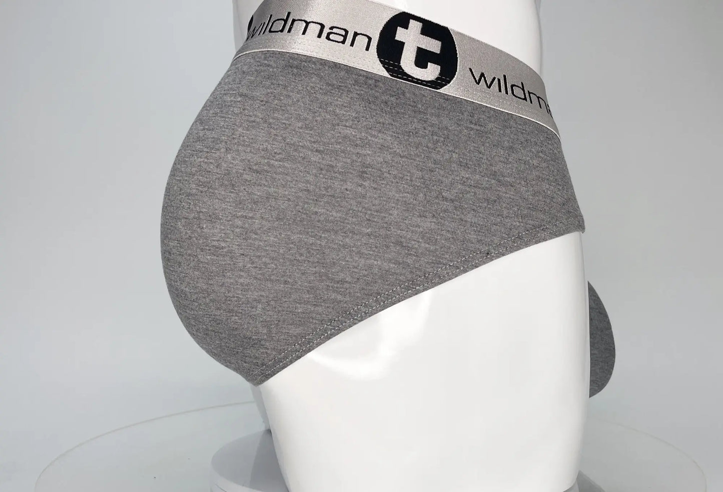 Gray heathered cotton modal briefs with silver elastic waistband featuring wildman brand logo in wildmant modal monster cock brief gray