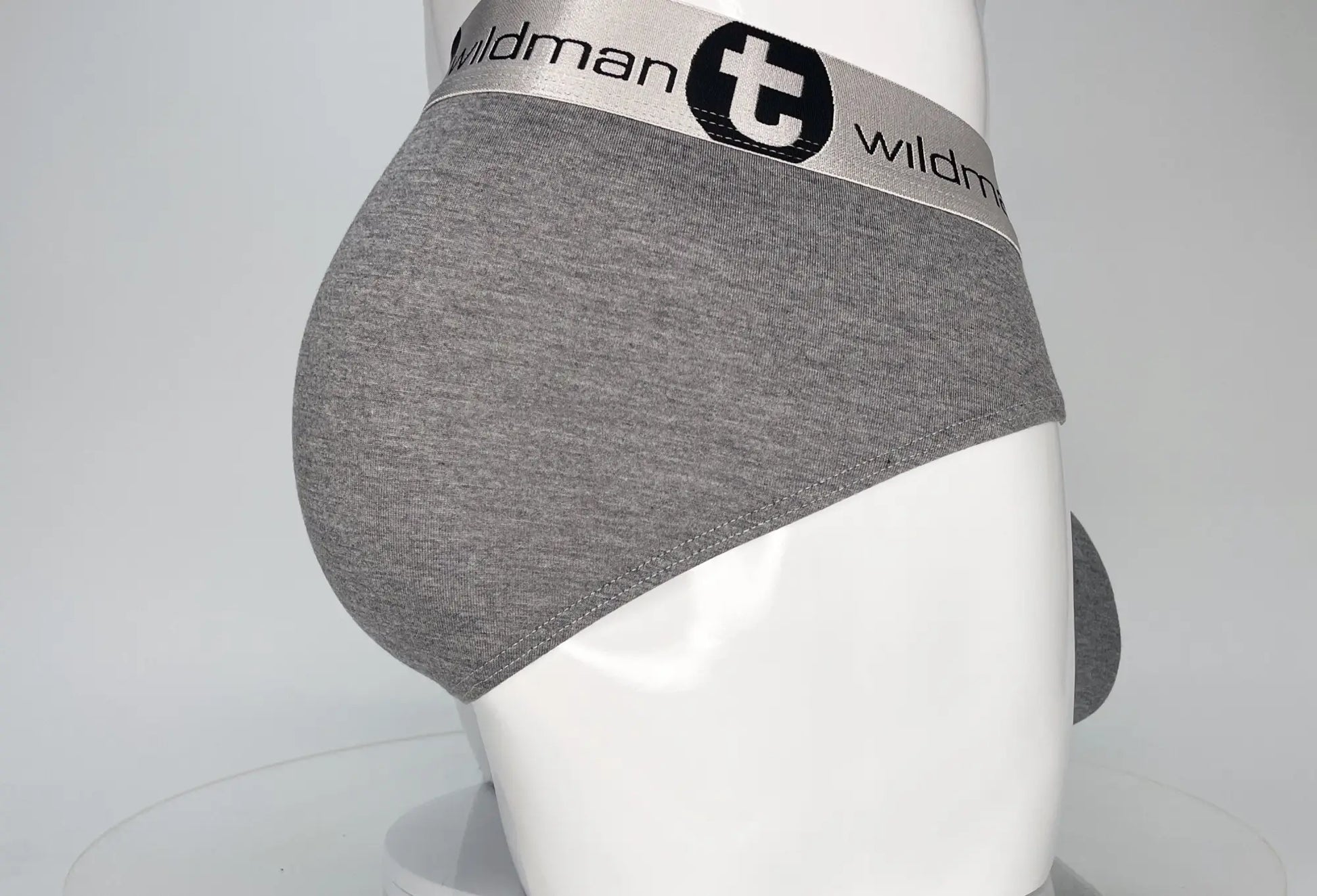 Gray heathered cotton modal briefs with silver elastic waistband featuring wildman brand logo in wildmant modal monster cock brief gray