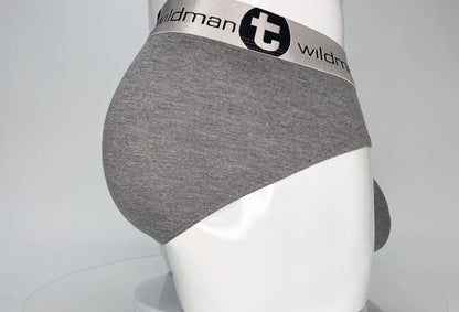 Gray heathered cotton modal briefs with silver elastic waistband featuring wildman brand logo in wildmant modal monster cock brief gray