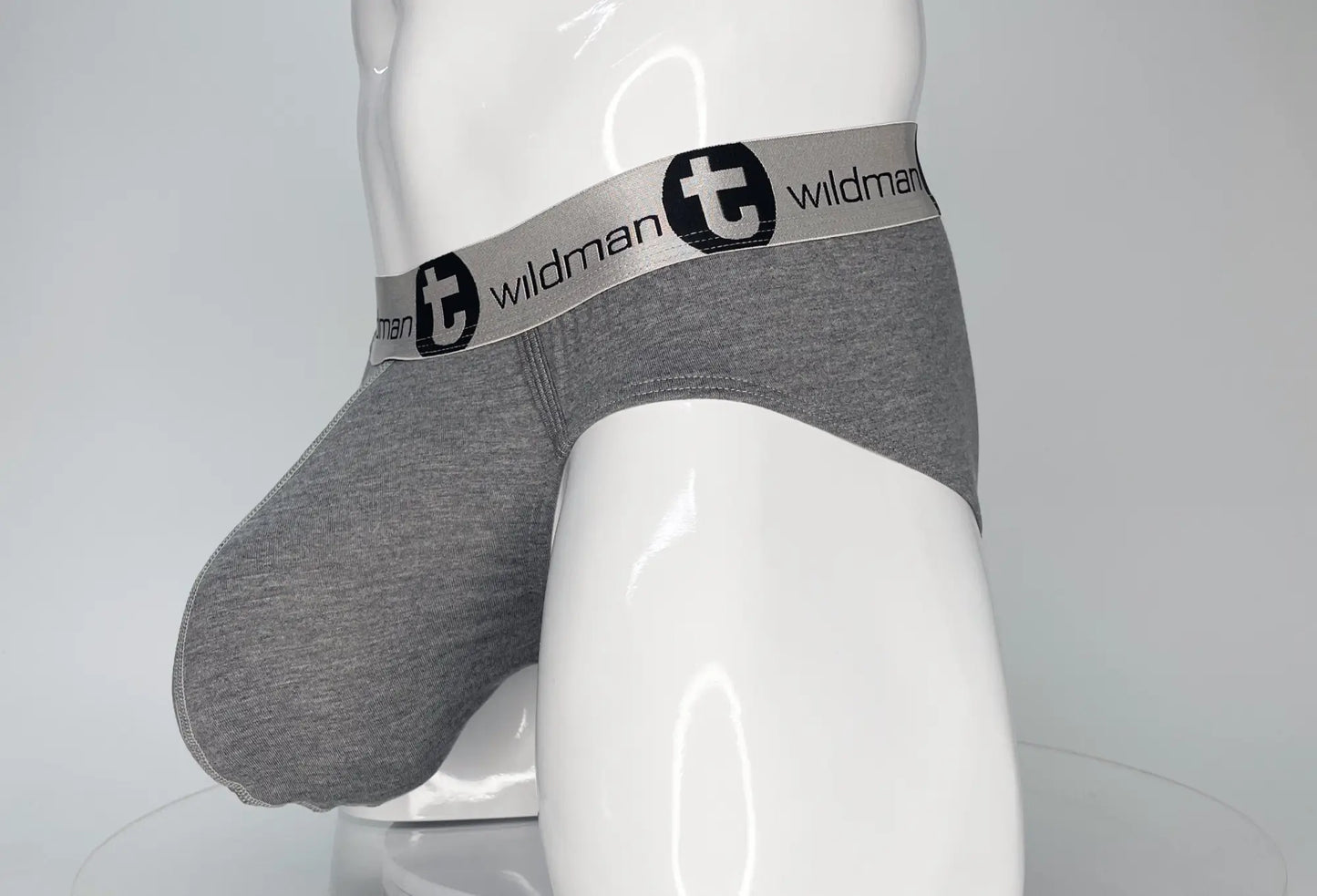 Wildmant modal monster cock brief gray heathered cotton with silver waistband featuring wildman logo and black emblem